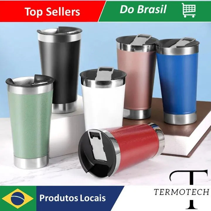 Copo Térmico 473ml Com Abridor Inox Para Quente e Gelado