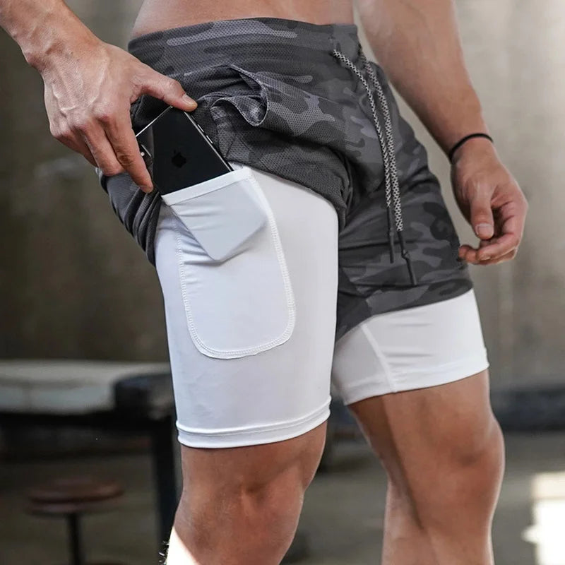 Shorts 2 em 1 masculino, bermuda dryfit, calção para academia, shorts de ginastica branco